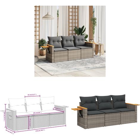 3-tlg. Garten-Sofagarnitur mit Kissen Grau Poly Rattan - Gartenmöbel - Sofa Set - Rattan Möbel - Outdoor Sofa - Lounge Set - Home & Living (1/3)