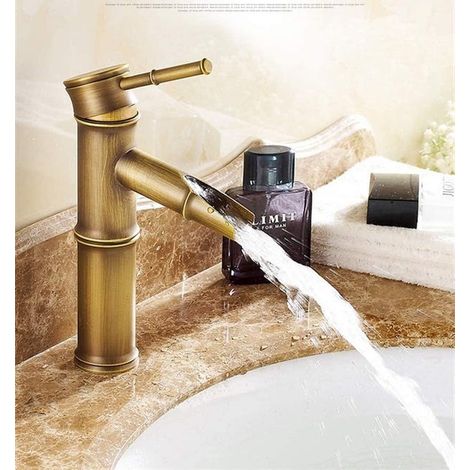Robinet en bambou, mitigeur de lavabo cascade, monotrou eau chaude et froide, antique (hauteur : 208 mm)