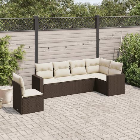 6-tlg. Garten-Sofagarnitur mit Kissen Braun Poly Rattan (1/3)