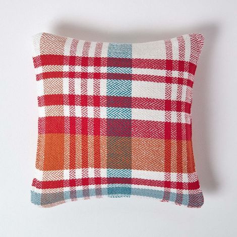 HOMESCAPES Housse de coussin Falun à carreaux rouges en coton, 45 x 45 cm