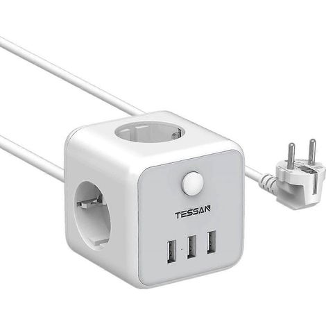 Multiprise cubique TS-301-GR avec 3 prises secteur, 3 ports USB, câble de 1,5 mètre, protection contre les surcharges et rallonge multifonctionnelle pour la maison. (1/3)