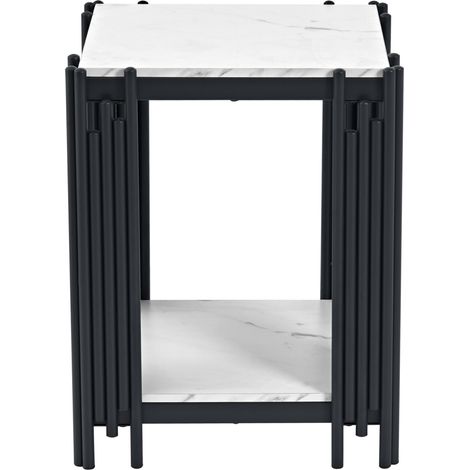CHICFURN Table de chevet moderne noir et blanc avec 2 niveaux, structure métal, plateau MDF aspect marbre, table d'appoint compacte pour chambre, salon et entrée, H55 x L43 x P40 cm (1/5)