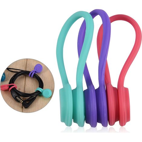 Lot de 3 enrouleurs magnétiques en silicone pour écouteurs, range-câbles et organisateurs de fils (violet, rouge, bleu).