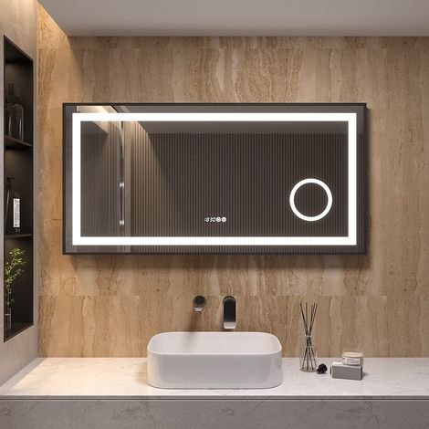 AQUABATOS Badspiegel mit Beleuchtung 120 x 60 cm LED Badezimmerspiegel mit Touch-Schalter Dimmbar Wandspiegel Schminkspiegel Beschlagfrei Kaltweiß 6400K 3-Fach Vergrößerung Spiegel für Badezimmer (1/5)