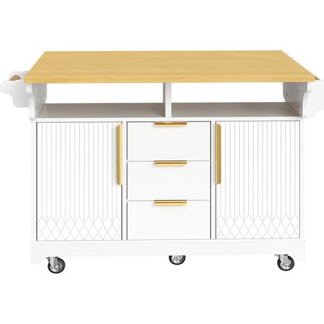 Isla de cocina con ruedas, alas abatibles, 3 cajones y almacenaje, 120-197 cm (1/5)