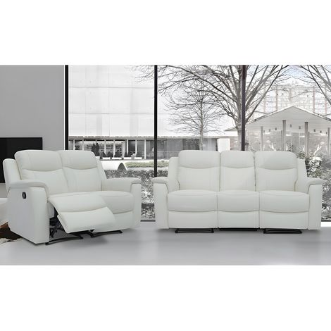 Vente-Unique – Canapé relax 3+2 places en cuir de vachette blanc ivoire – Assises relax manuelles – Plateau bar intégré – Structure en bois massif