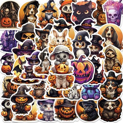 Lot de 50 autocollants d'Halloween non répétitifs, cadeaux pour jeunes et adultes… Décorations d'Halloween Label (1/4)