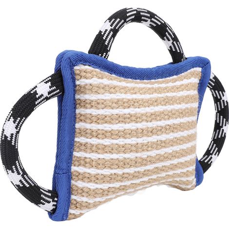 Coussin à mâcher avec 3 poignées robustes, en jute résistant aux déchirures, jouet interactif à mâcher et à tirer pour chien adulte, bleu (1/5)