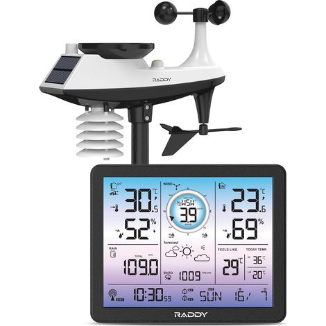 Station météo radio avec thermomètre intérieur et extérieur, écran numérique de 18,8 cm en violet, horloge radio, moniteur de température et d'humidité, prévisions météo et (1/5)