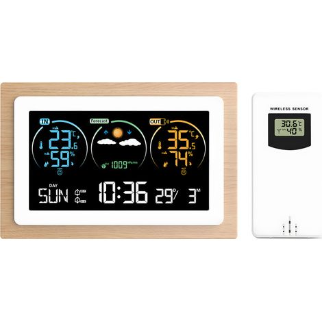 Wetterstation für den Innen- und Außenbereich, Farb-LCD-Bildschirm, drahtloses Thermometer, Temperatur-/Feuchtigkeitsmesser, Barometer, Uhr und Wecker (USB-aufladbar)
