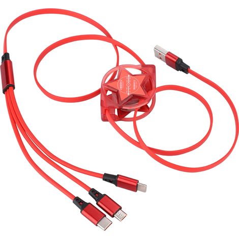Câble de charge 3 en 1 rétractable Red Star pour iOS Type C, connecteurs USB-C, rouge (1/5)