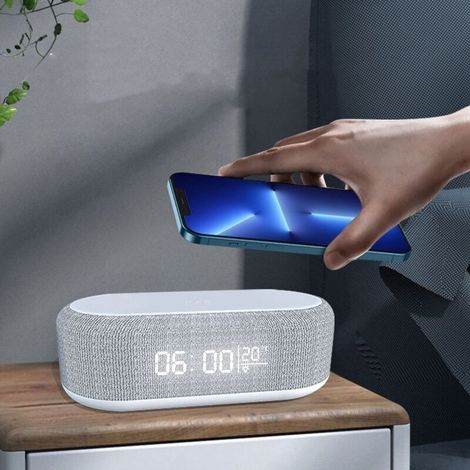 [4-in-1] Multifunktionaler Wecker mit kabelloser Ladefunktion, Nachttischlampe und Thermometer – Modernes weißes Design