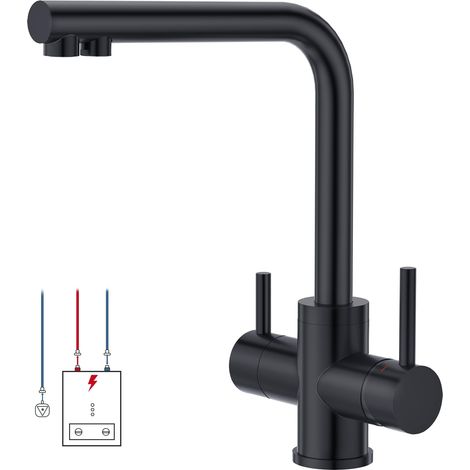 Robinet de cuisine basse pression, robinet de cuisine 3 voies rotatif à 360°, mitigeur 3 en 1 pour filtre à eau, robinet d'eau potable avec 2 leviers, trois voies en acier inoxydable, noir mat (1/5)