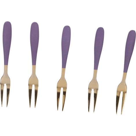 Lot de 5 fourchettes à dessert en acier inoxydable, couverts mini pour fête et restaurant, violet et or (1/5)