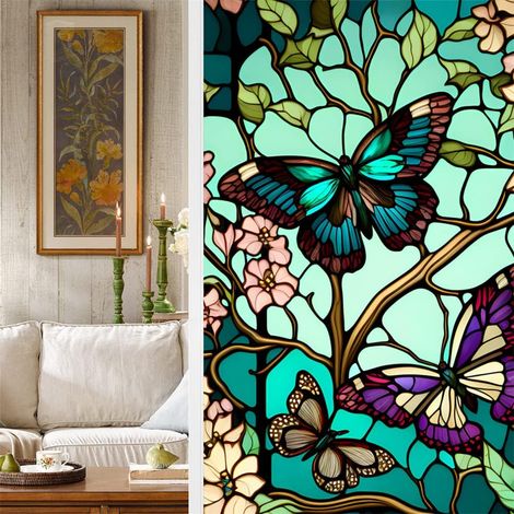 Film de protection pour fenêtre - Opaque - Autocollant - Multicolore - Motif papillon, plantes et fleurs - 45 x 100 cm - Statique - Sans colle (1/4)