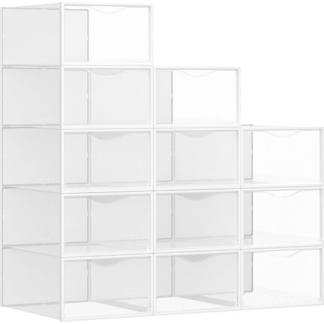 Boîtes à Chaussures, Organisateurs en Plastique, avec Porte, Lot de 12, Empilables, Montage Facile, 33,2 x 23 x 14,5 cm, pour Pointure jusqu'à 43, Transparentes et Blanc Nuage (1/5)