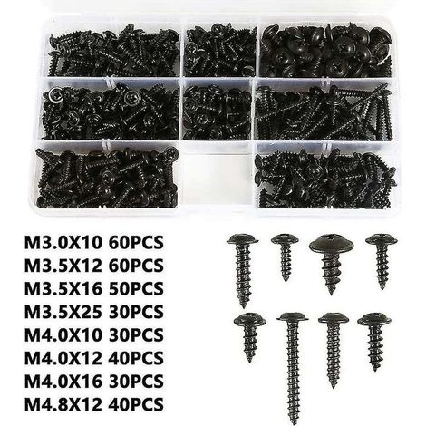 Vis à tôle noire auto-fonctionnelle 340 pièces. vis en acier au carbone auto-inoxydable. vis à tête plate. tête cruciforme pour bois. taille: M3.0-m4.8 (1/5)