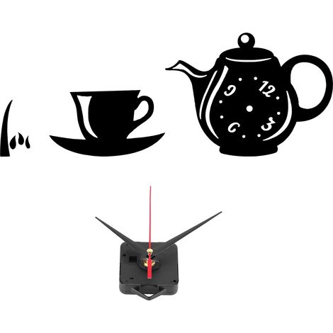 Autocollant Miroir Horloge Murale DIY en Forme de Théière pour Salon Chambre (Noir)