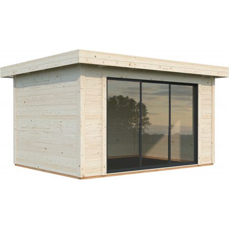 Casetta da giardino in legno 385x291 cm, pareti 28 mm con porta scorrevole vetrata larga, per deposito attrezzi esterno - Esterni da Vivere