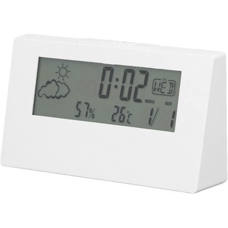 (Blanc)Réveil numérique, Horloge de Chevet Horloge électronique de Bureau avec lumière LCD Heure Date température humidité Affichage Fonction Snooze (1/5)