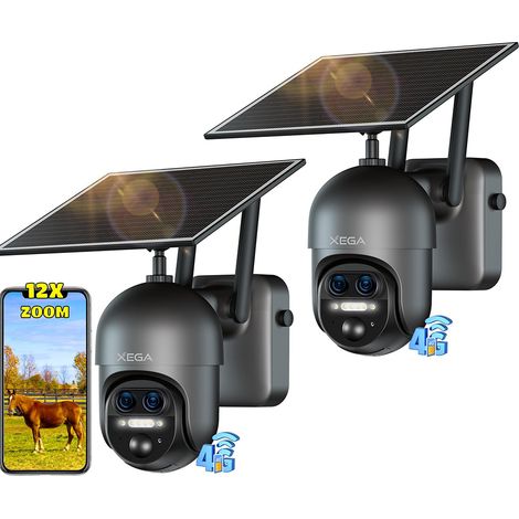 Lot de 2 Caméra de surveillance 4G solaire Xega, Zoom hybride 12×, double objectif 2K PTZ, détection humaine AI/PIR, vision nocturne couleur 30 m, batterie 10400 mAh (1/5)