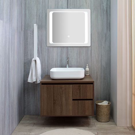Mueble De Baño Colgado 75 Cm Nogal Oscuro Y Espejo Led Touch  Siena