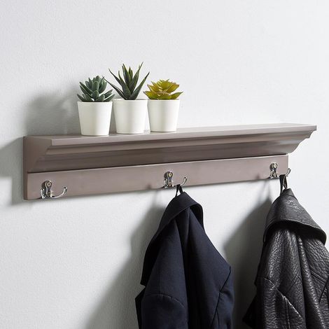Grey Wooden Wall Mounted Coat Rack 3 Hooks Hallway Hanging Storage Shelf (1/4)