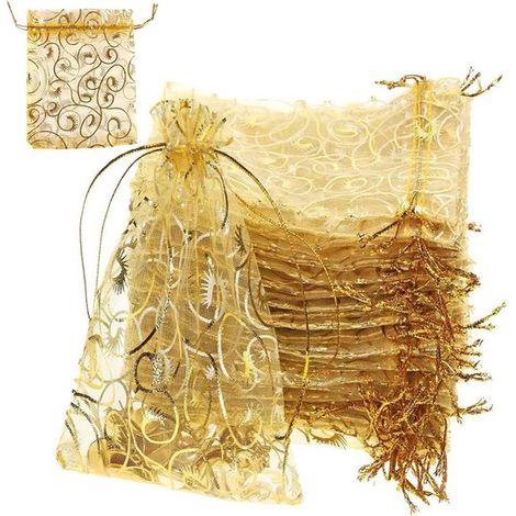 100 Organzabeutel Geschenktüte Geschenkverpackung Dankeschön Tüte für Partys Goldfoliendruck Kordelzug Dekorativ Verpackung 10 x 15 cm für Hochze