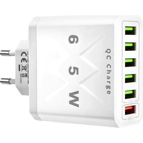 65W Chargeur USB Multiple 6Ports Rapide Multi Secteur Technologie QC 3.0 Smart Prise USB Multiple Fast Charger Universel Adaptateur Compatible avec 16 15 14 13 12 11 Pro Max Tablettes (1/5)