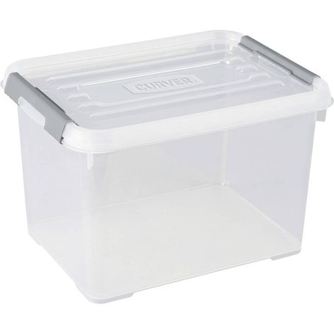 Allibert – Boîte de rangement empilable 20L – Dimensions 400 x 290 x 260 mm – Plastique transparent et argent – Couvercle à clips (1/4)