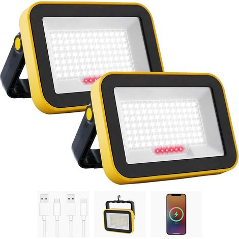 Projecteur Led Rechargeable, 5 Modes Projecteur Led Chantier Batterie avec Câble USB, 4000mAh Lampe de Chantier Portable, IP65 Étanche Lampe de Travail pour Garage, Camping, Pêche, 2 Pièces (1/5)