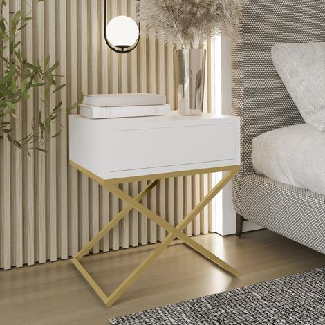 AX LIVING Nachttisch modern Aleio X 45 cm breit weiß, goldenes Gestell