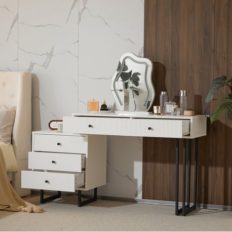 Coiffeuse blanche avec miroir LED dimmable 3 couleurs, plateau extensible et 5 tiroirs, 100x40x76 cm (1/5)