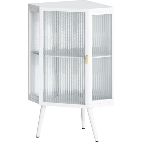 Vitrine portes en verre trempé meuble de rangement deux niveaux étagères finition blanche meuble d’angle (1/4)