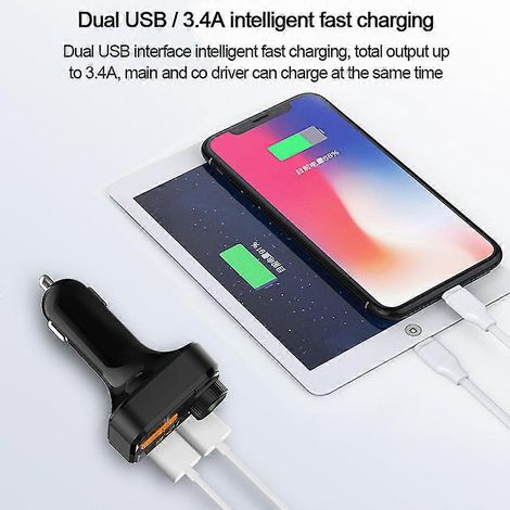 Kit mains libres Bluetooth 5.0 pour voiture avec affichage numérique LED, émetteur FM sans fil, double sortie USB, compatible clé USB/carte SD, adaptateur audio, récepteur et instructions vocales. (1/2)