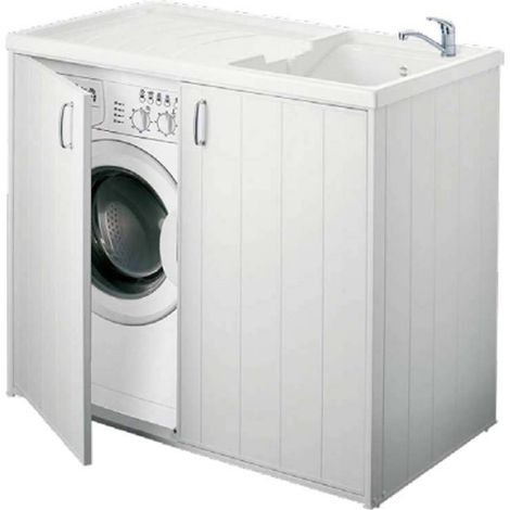 Mobile Coprilavatrice 109 x 60 H92.5 cm - 2 Ante - Vasca In Resina PP - A Destra - Bianco