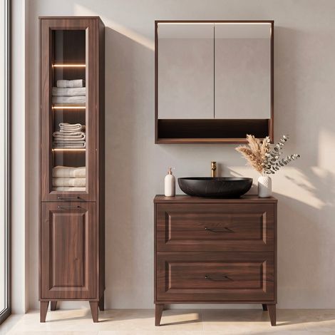 Conjunto de mueble con lavabo de un solo seno de 80 cm, columna y armario con espejo en color Moka, madera oscura (1/4)