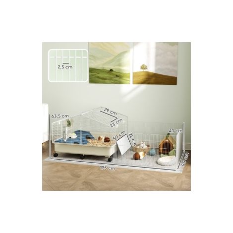 Cage blanche pour petits animaux avec enclos, biberon, râtelier à foin, mangeoire, rampe et roulettes pour maison et terrasse (1/5)