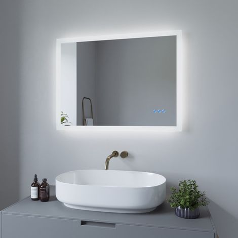 Beleuchteter Badspiegel LED Wandspiegel 80x60cm ECHOS Typ C Touch Sensor Dimmbar Spiegelheizung Kaltweiß 6400K Warmweiß 3000K (1/5)