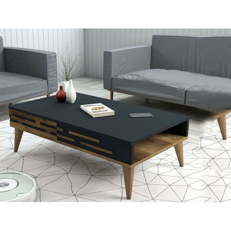 Dmora - Mesa de café Dpiacent, Mesa de centro baja, Revistero para sofá, Estante de la sala de estar, 105x35h60 cm, Nogal y Antracita (1/4)