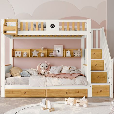 Letto a castello bambini 90x200 cm con scala contenitore, sponda di sicurezza, 2 cassetti e ripiano aperto, in pino e MDF bianco e naturale, materasso non incluso (1/5)