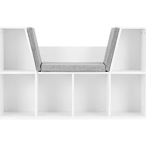 Bücherregal mit Sitzkissen, Aufbewahrungsregal mit 6 Fächern, Leinenoptik, Kleiner Bücherschrank für Wohnzimmer, Schlafzimmer, 105 x 30 x 63 cm, Weiß (1/5)