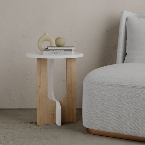 Cotecosy – Table basse relevable ronde 40x40x47 cm – Panneaux mélaminés chêne et blanc – Structure stable à trois piliers – Prête à monter (1/6)