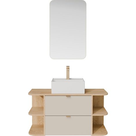 Meuble de salle de bain suspendu avec niches, vasque à poser carrée, robinet et miroir - Beige et naturel clair - 100 cm - LAVENA (1/4)