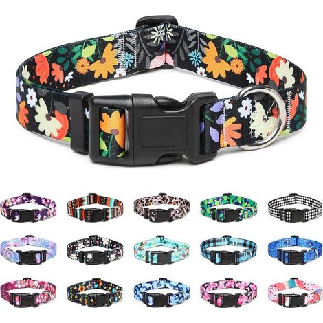 Collier pour Chien, Collier Classique en Nylon Réglable, Fleur, Océan, Forêt, Tribal Design, Tournesol, Flora, Léopard, pour Petits, Moyens et Grands Chiens (S, Fleurs Orange) (1/5)