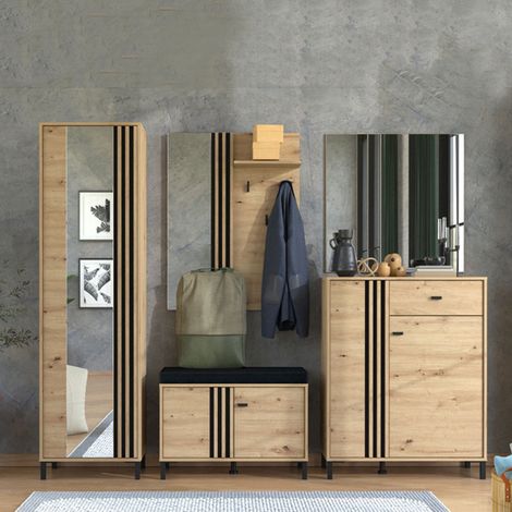 Mobile da Ingresso Hanga, un Cassetto, 4 Ripiani, 2 Ante, 87x40x110h cm Marrone Rovere Nodi (1/5)