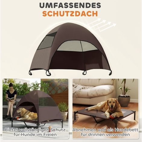 Letto rialzato per cani 91x76x90 cm in poliestere e metallo color caffè, con tetto FloraGrace (1/5)
