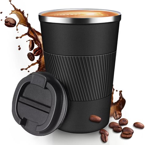Mug isotherme de voyage 380 ml avec couvercle anti-fuite, gobelet portable en acier inoxydable réutilisable pour boissons chaudes et froides - Noir