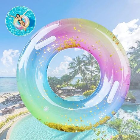 Bouée pour adulte, bouée à paillettes arc-en-ciel avec poignée, bouée flottante transparente, bouée gonflable résistante pour piscine, idéale pour les fêtes d'été à la piscine. (1/5)