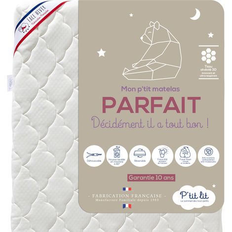 Matelas Enfant/Bébé Parfait - 70x140x10 cm - 2 Faces : Ultra Respirant l'Été / Chaud et douillet l'Hiver - Anti Acarien - Déhoussable - Oeko Tex® - Fabrication Française (1/5)